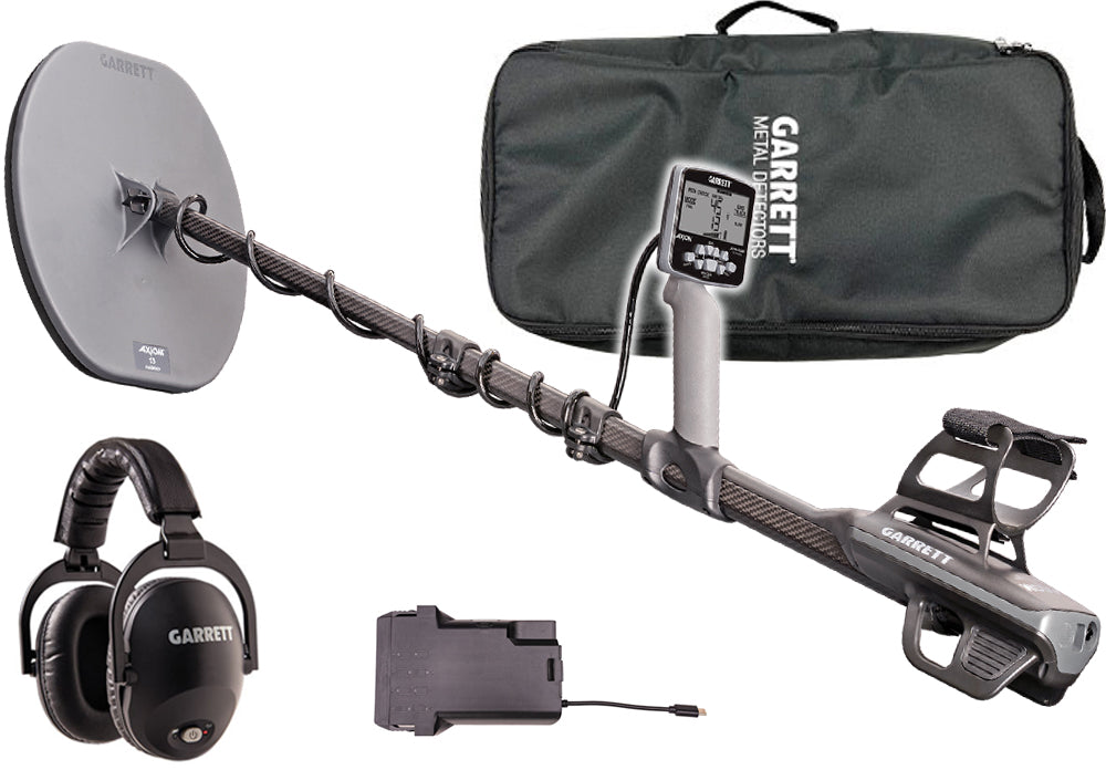 Garrett Axiom metaaldetector met MS-2 hoofdtelefoon, 13" mono en 11" DD zoekspoel