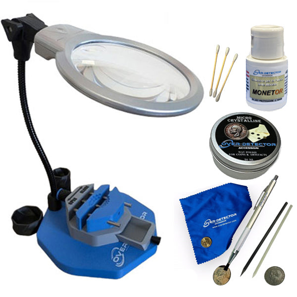 Overdetectors muntenreinigingsstation met vergrootglas, Monetor, wax & reinigingspotlood