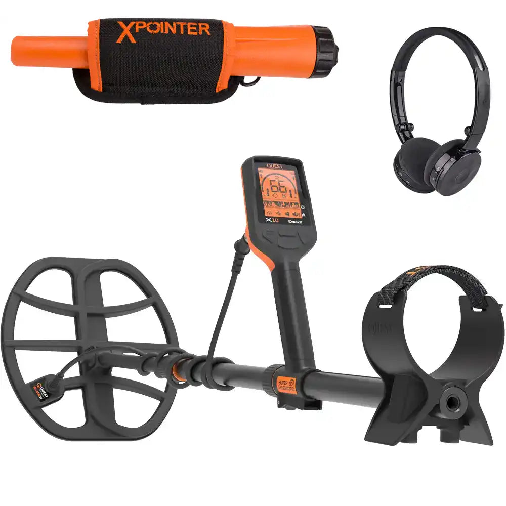 Quest X10 IDmaxX metaaldetector met WireFree Lite hoofdtelefoon en gratis XPointer pinpointer